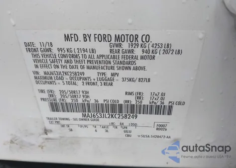 2019 Ford Ecosport Ses z USA, uszkodzony, nr VIN MAJ6S3JL2KC258249